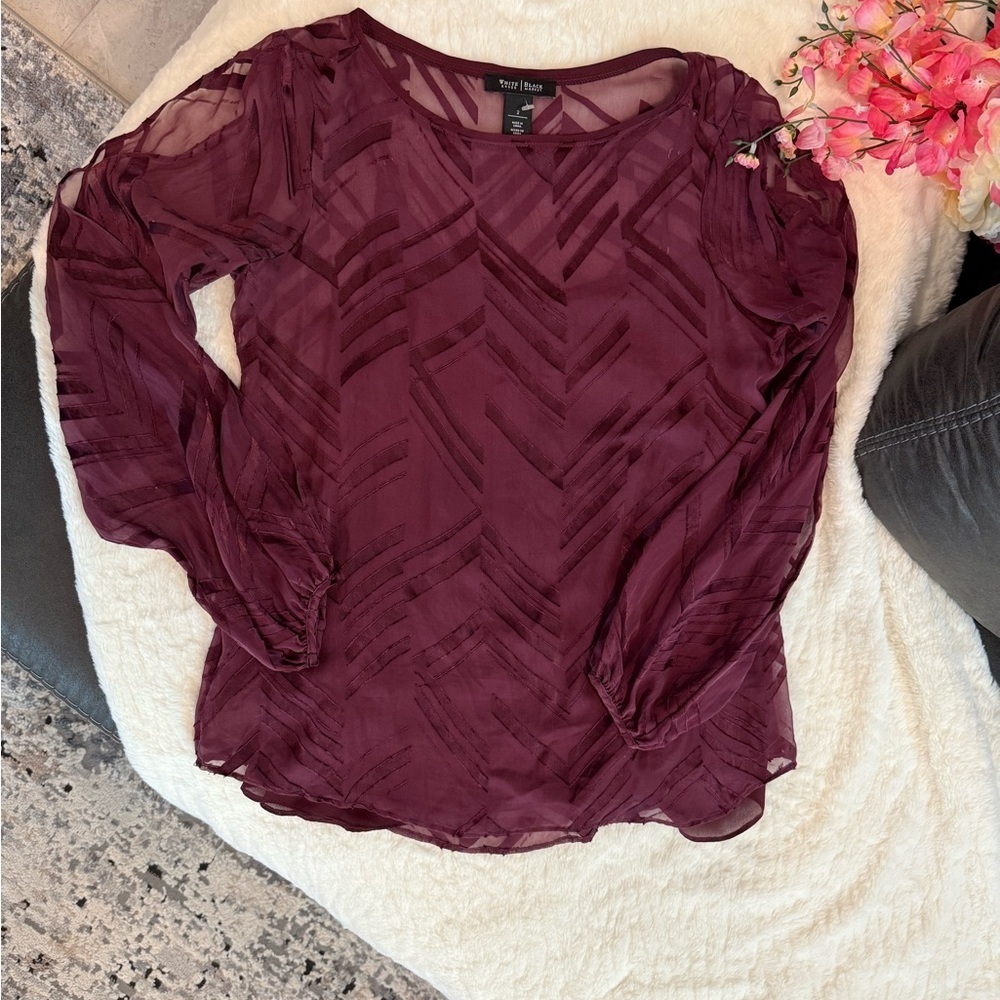 White House Black Market Red Long Sleeve Blouse with Textured Pattern